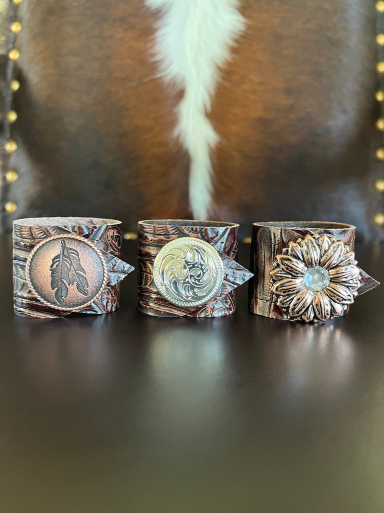 Western leather and concho napkin rings handmade by Your Western Decor
