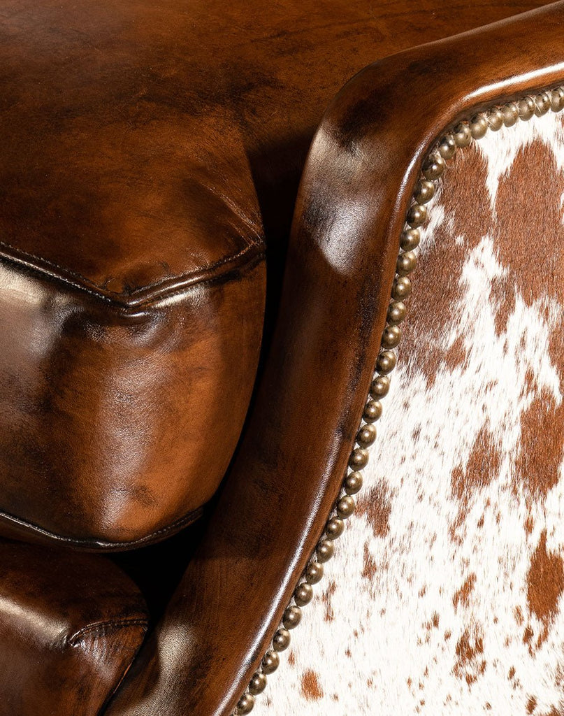 Western Leather & Cowhide Wingback Chair Detail - American Made Western Furniture - Your Western Decor