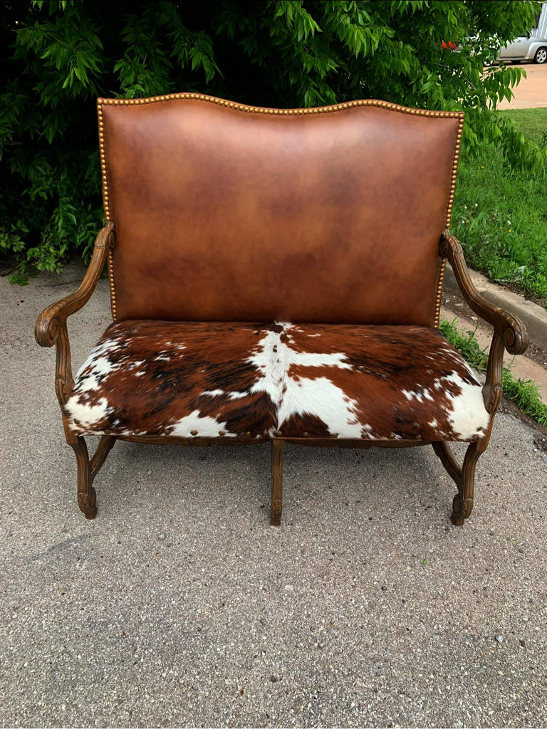 Smooth brown leather and tri color cowhide Regency settee made in the USA - Your Western Decor
