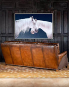 Dark Brown Two Tone Leather Rancher Western Sofa on Axis Hide Rug and White Horse Art - Your Western Decor