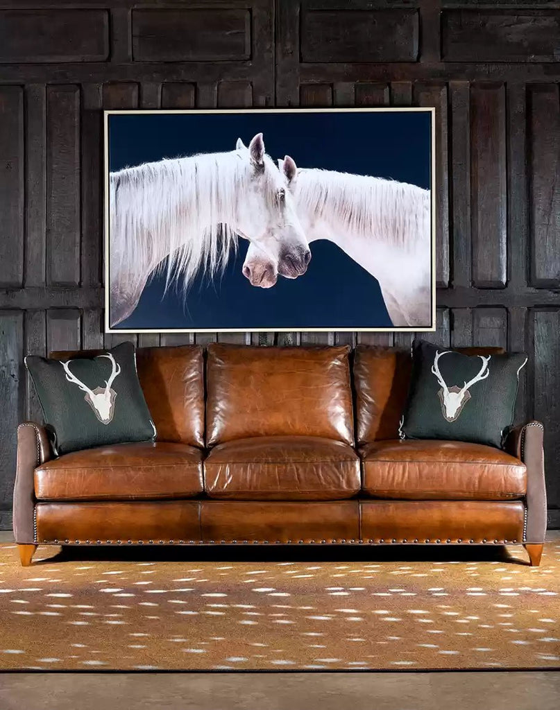 Dark Brown Two Tone Leather Rancher Western Sofa on Axis Hide Rug and White Horse Art - Your Western Decor