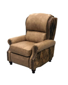 Smooth tan leather with brindle cowhide, nail trim, and embossed leather accents on American made western recliner 