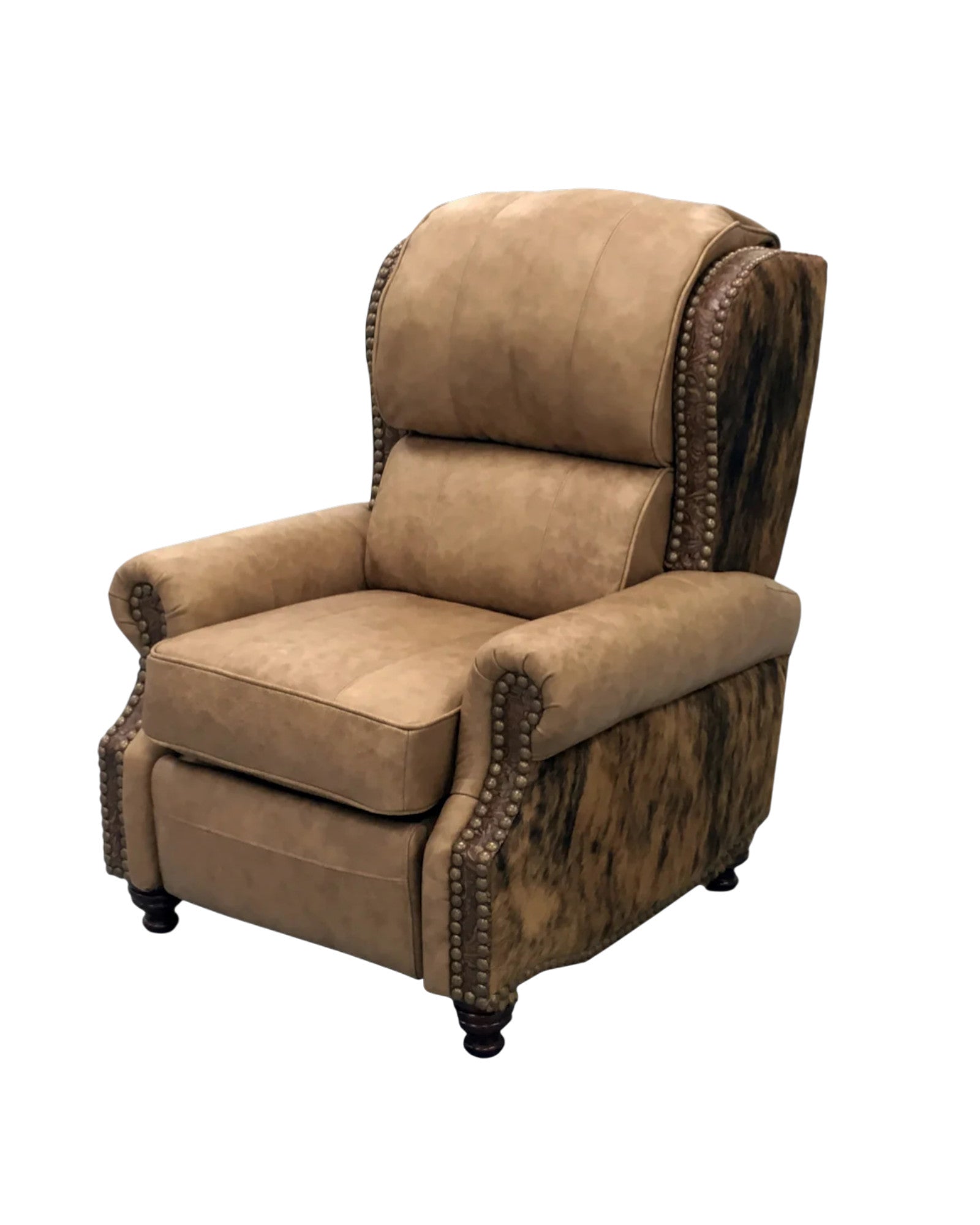 Smooth tan leather with brindle cowhide, nail trim, and embossed leather accents on American made western recliner 
