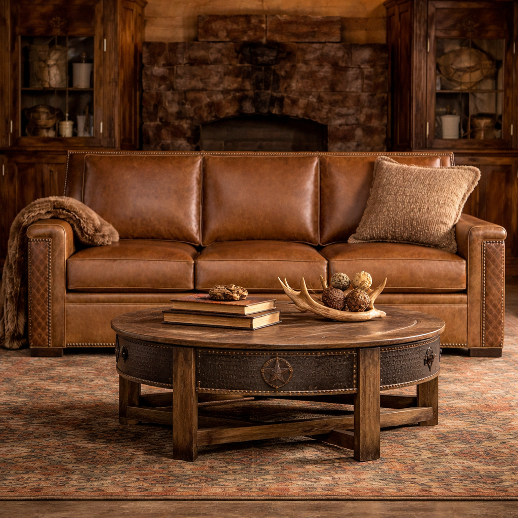 luxury western leather sofa in rustic ranch living room with wood beams neutral tones and lodge style decor.
western leather sofa with diamond stitch detailing distressed leather american made