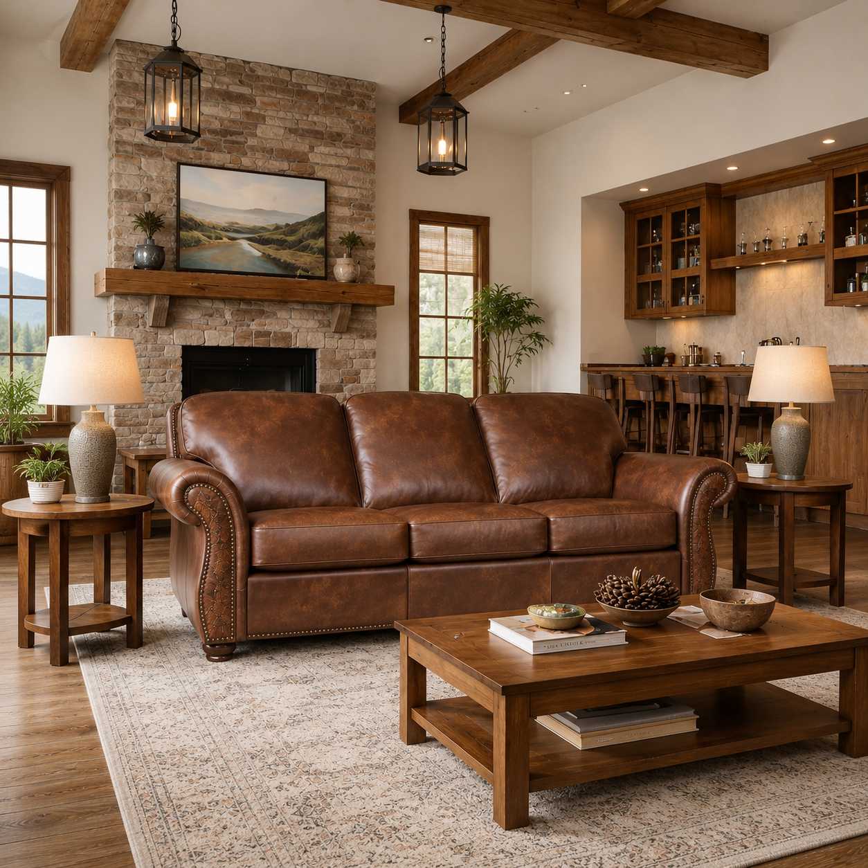 Remington Ranch Leather Sofa in medium brown leather with embossed leather accents and nail trim. American made