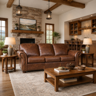 Remington Ranch Leather Sofa in medium brown leather with embossed leather accents and nail trim. American made