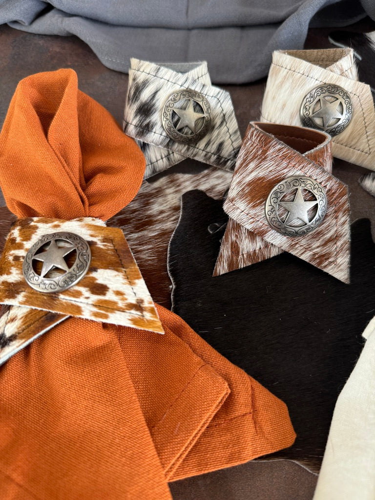 Handmade assorted 6-pc cowhide western napkin rings with conchos - Your Western Decor