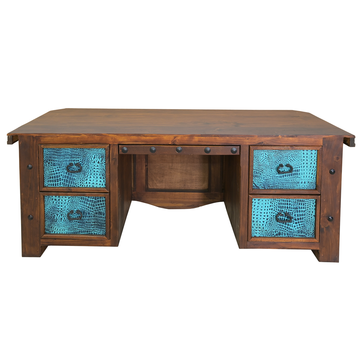 Carved western desk front with cowhide and leather upholstery handmade in Mexico - Your Western Decor