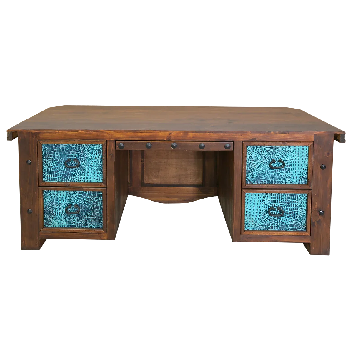 Carved western desk front with cowhide and leather upholstery handmade in Mexico 