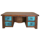 Carved western desk front with cowhide and leather upholstery handmade in Mexico 