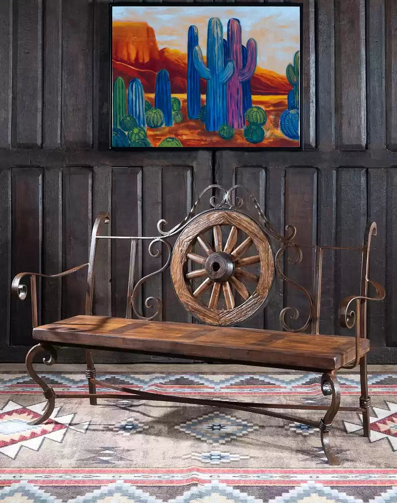 Rustic Western Pioneer Trails Bench with Wagon Wheel and Forged Iron Frame - Your Western Decor