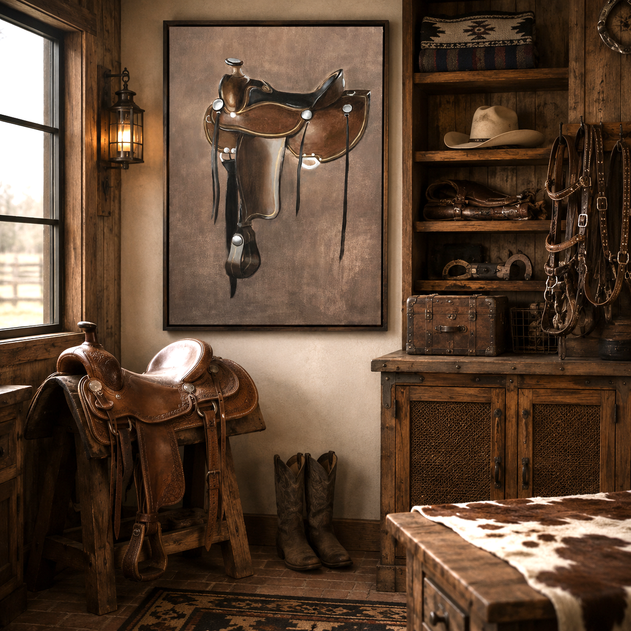A framed western wall art print depicting a brown leather saddle, displayed in a rustic, warmly lit cowboy room with matching leather gear, boots, and a cowhide bench.