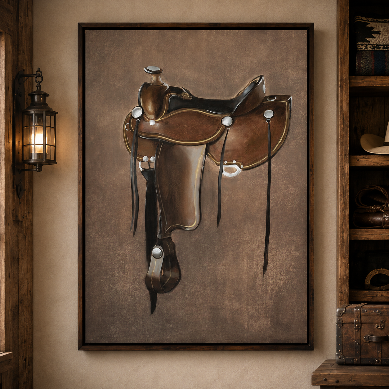 A framed vertical canvas print of a brown leather western saddle, displayed on a warm beige wall in a rustic room setting with a lantern and wooden shelving.