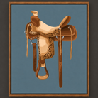 Framed wall art featuring a stylized illustration of a brown leather western saddle on a muted blue background, shown in a dark wood frame against a dark gray wall.