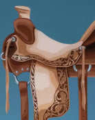 Western Saddle Framed Art - saddle against a blue background - Your Western Decor