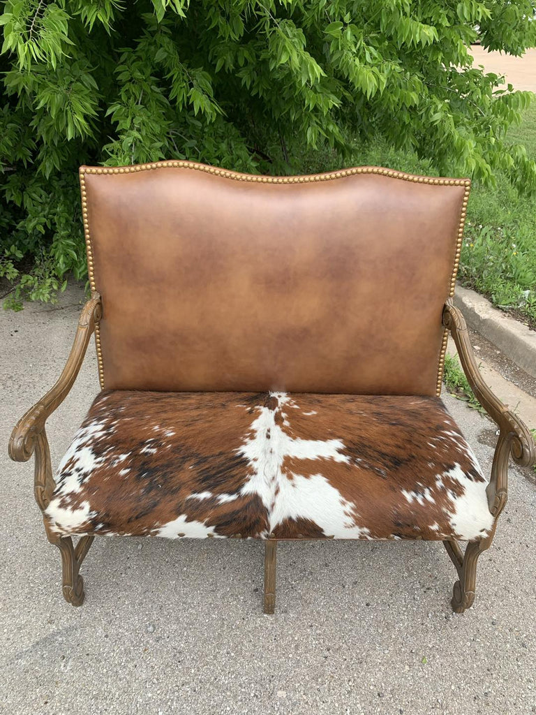Smooth brown leather and tri color cowhide Regency settee made in the USA - Your Western Decor