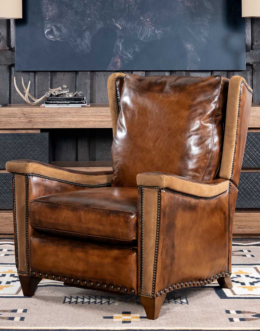 Two tone brown leather upholstered recliner hand crafted in the USA - Your Western Decor