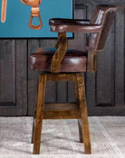 Brown leather Swivel Western Bar Stool with embossed leather back made in the USA - Your Western decor