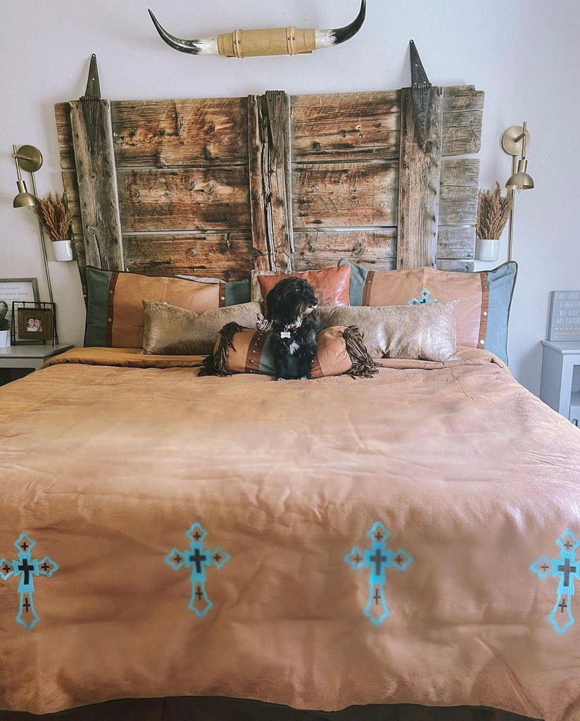Embroidered turquoise cross western comforter - Your Western Decor