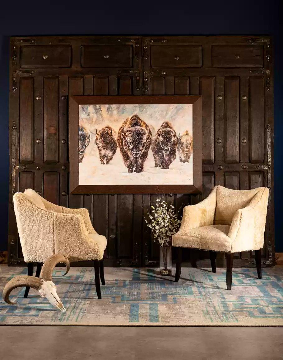 Western urban living room with McCoy Shearling Chairs and Distressed Glacier Southwestern Rug , both made in the USA - Your Western Decor