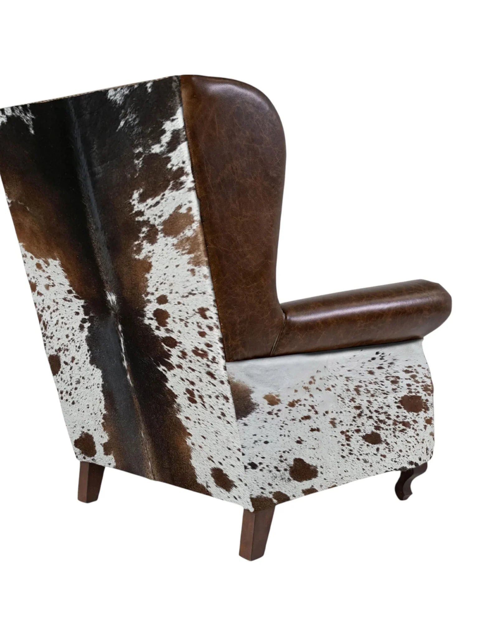 Cowhide and leather western wingback chair back detail - Your Western Decor