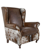 Western wingback lounge chair in distressed brown leather and roan cowhide - Your Western Decor