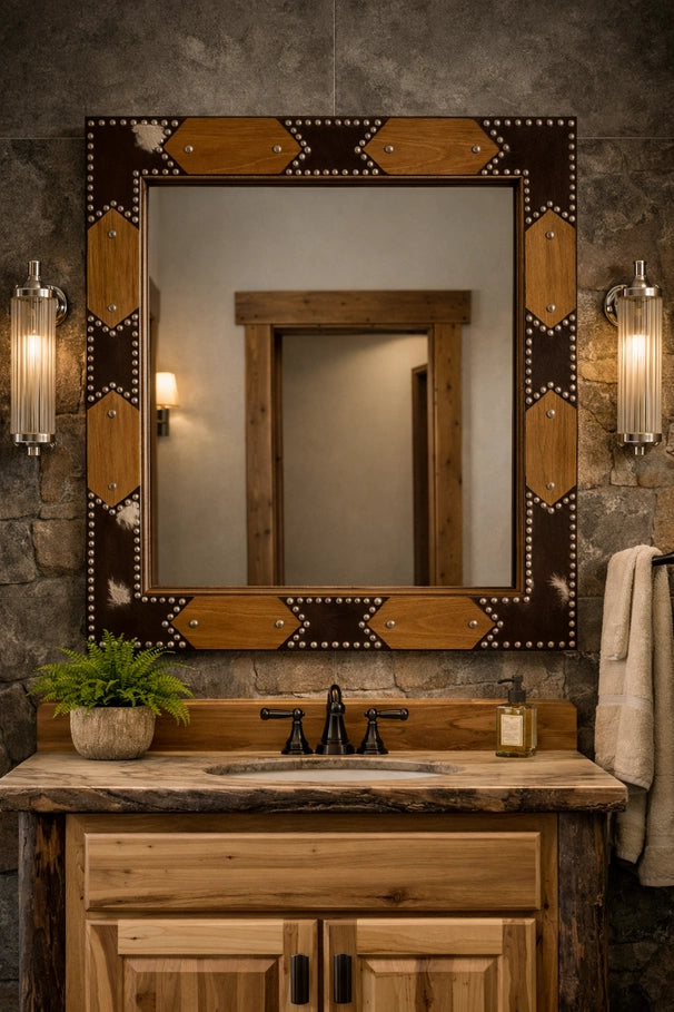 American-made Western wood and cowhide vanity mirror with hand-set metal studs, 42x30 vertical wall mirror