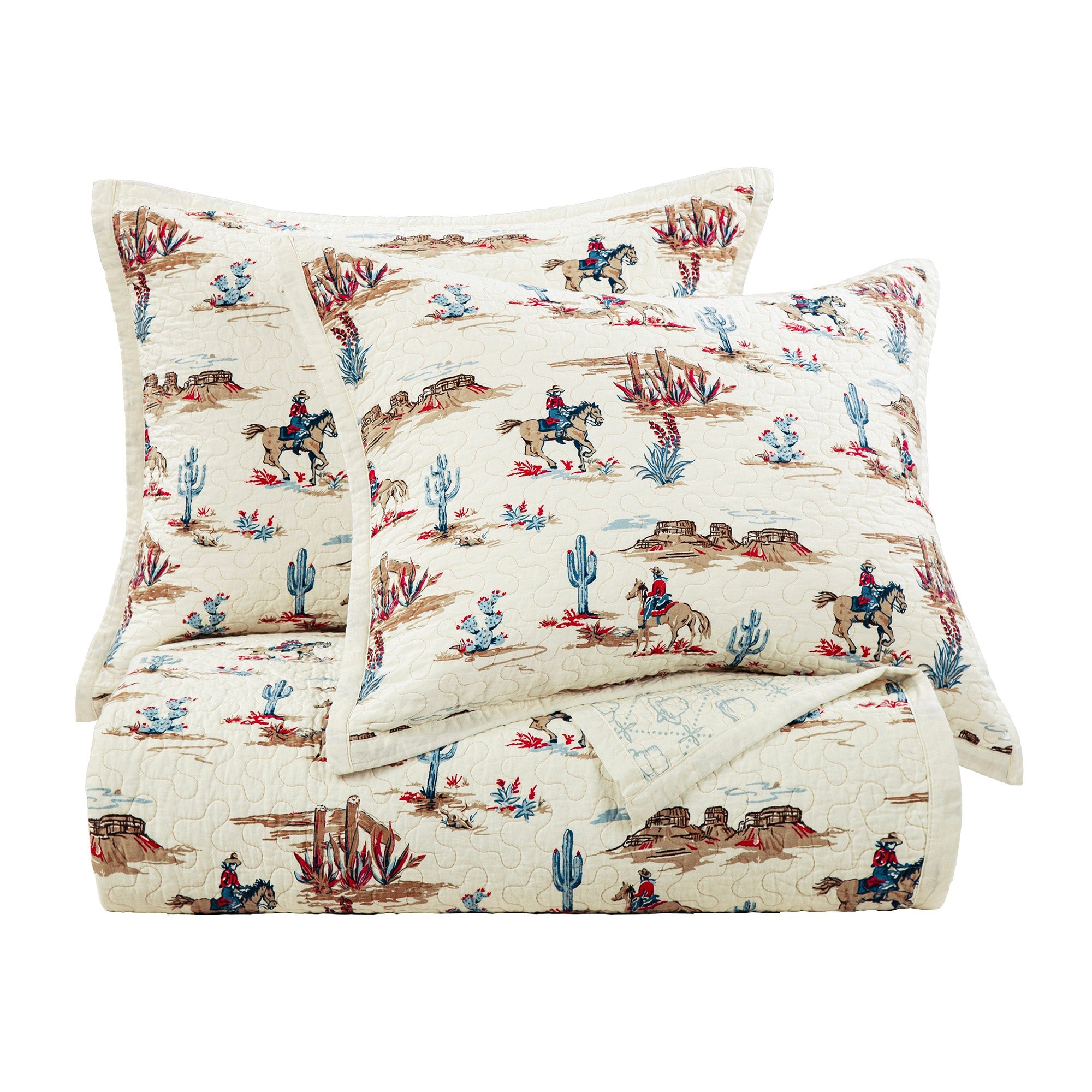 Western-themed quilt set with horses and cacti on a white background