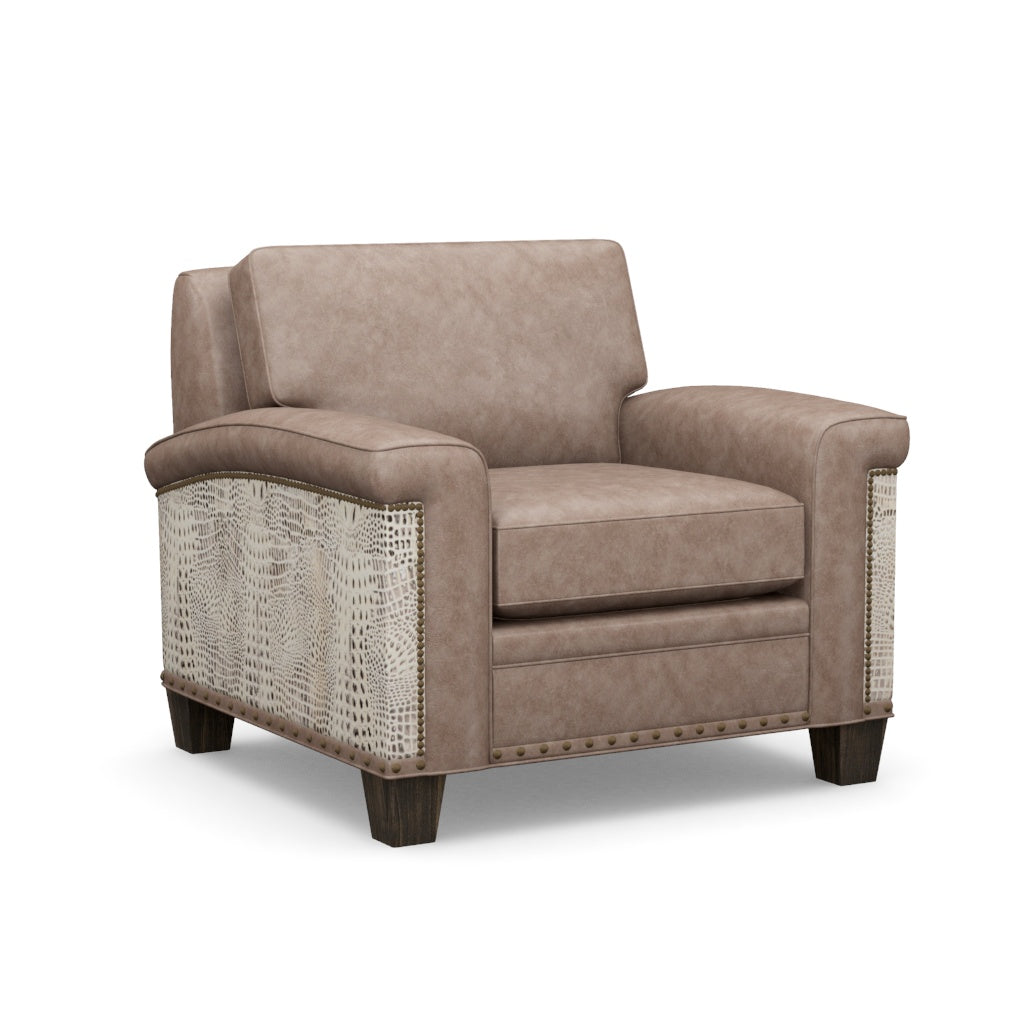 Grey leather armchair with ivory croc embossed leather side panels 