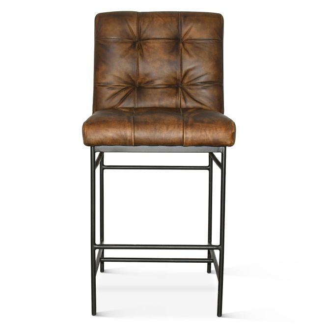 Whalen Tufted Leather Counter Chairs in dark brown antiqued leather with iron frame - Your Western Decor