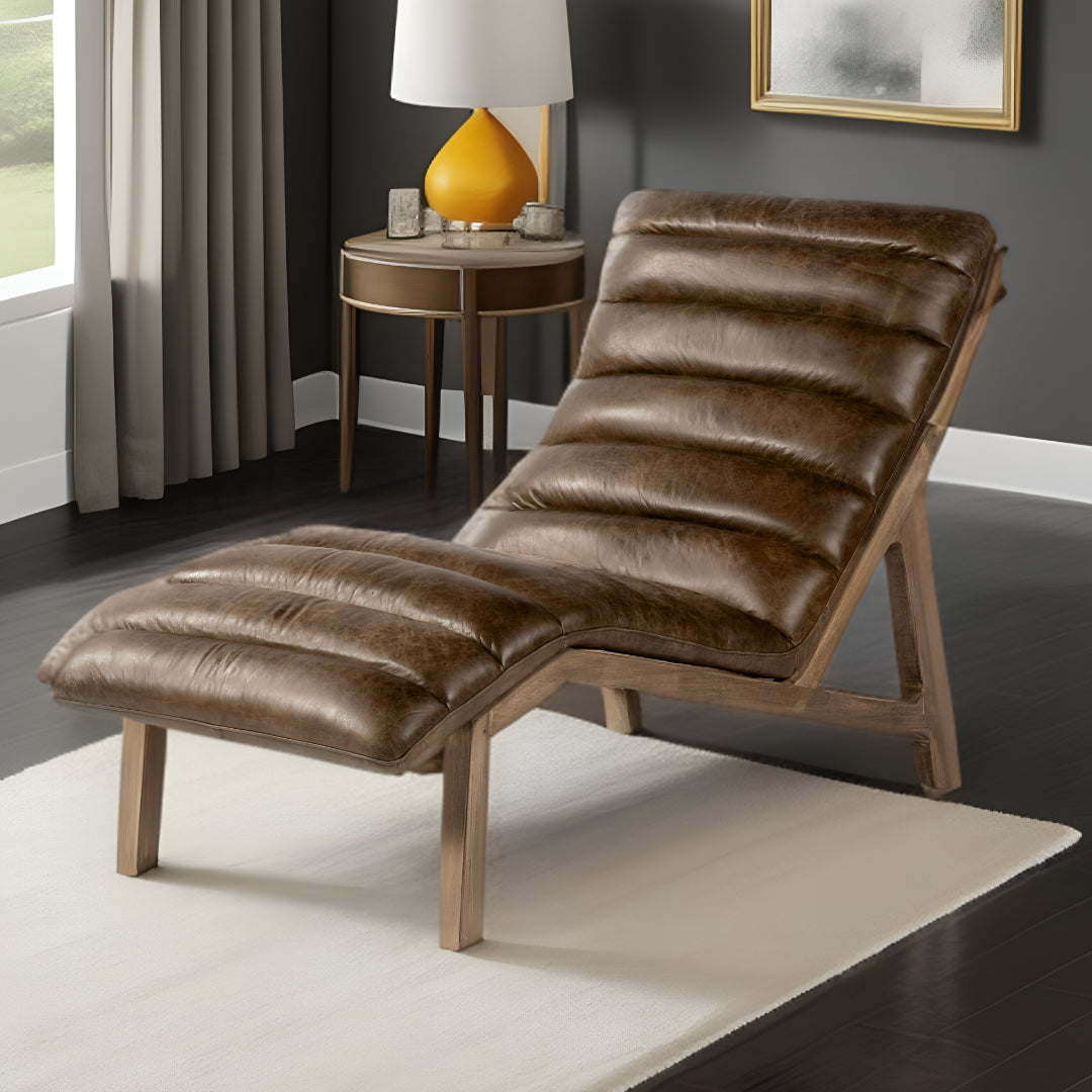 Chaise lounge with channeled padded upholstery in distressed brown leather - Your Western Decor