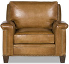 Front view of Whiskey Range Leather Western Armchair with whi-stitching, nail and gimp trim made in the USA