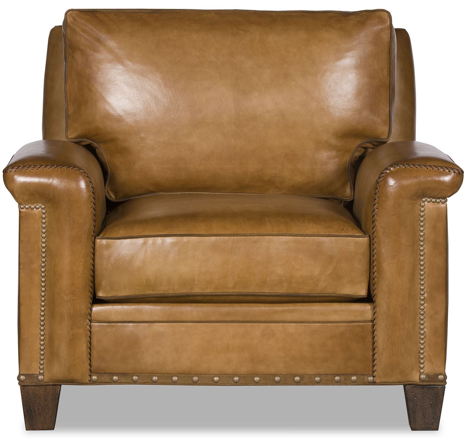 Front view of Whiskey Range Leather Western Armchair with whi-stitching, nail and gimp trim made in the USA