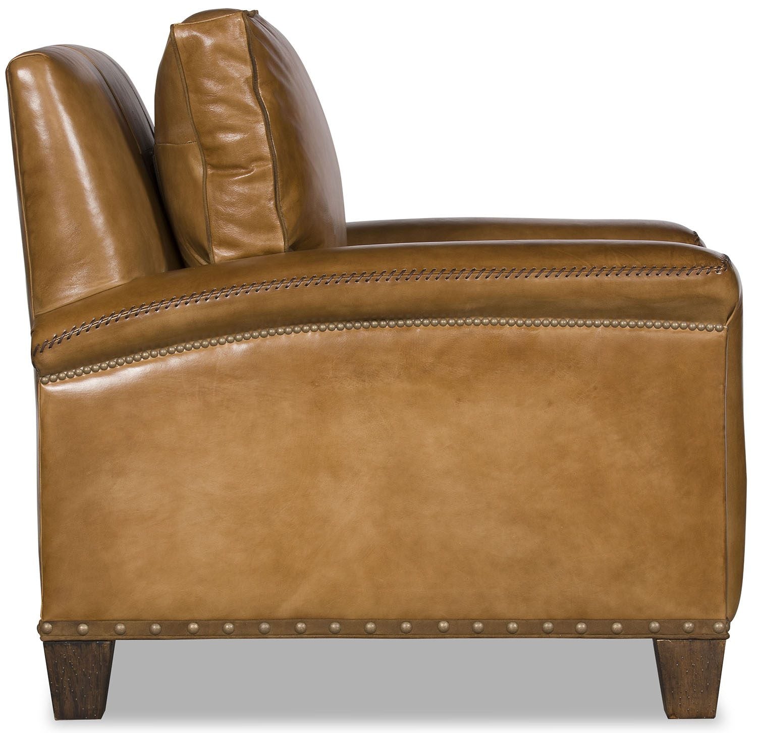 Side of Whiskey Range Leather Western Armchair with whip-stitching, nail trim and gimp trim made in the USA