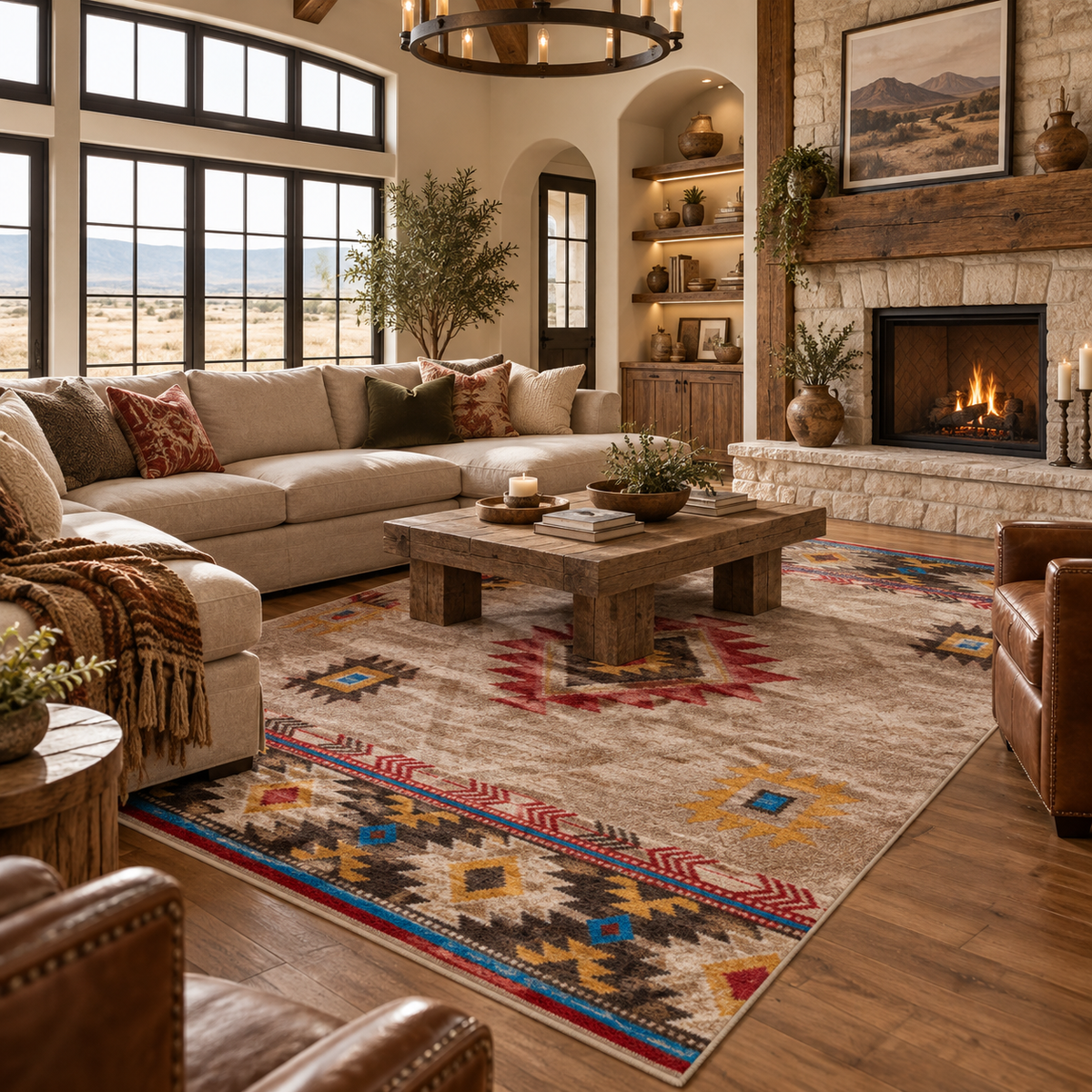 Western neutral living room styled with wood accents and an aztec area rug with red, blue and brown aztec design on beige 