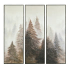 Three vertical framed panels forming a triptych painting of a misty winter forest with tall evergreen trees in soft gray, brown, and green tones.