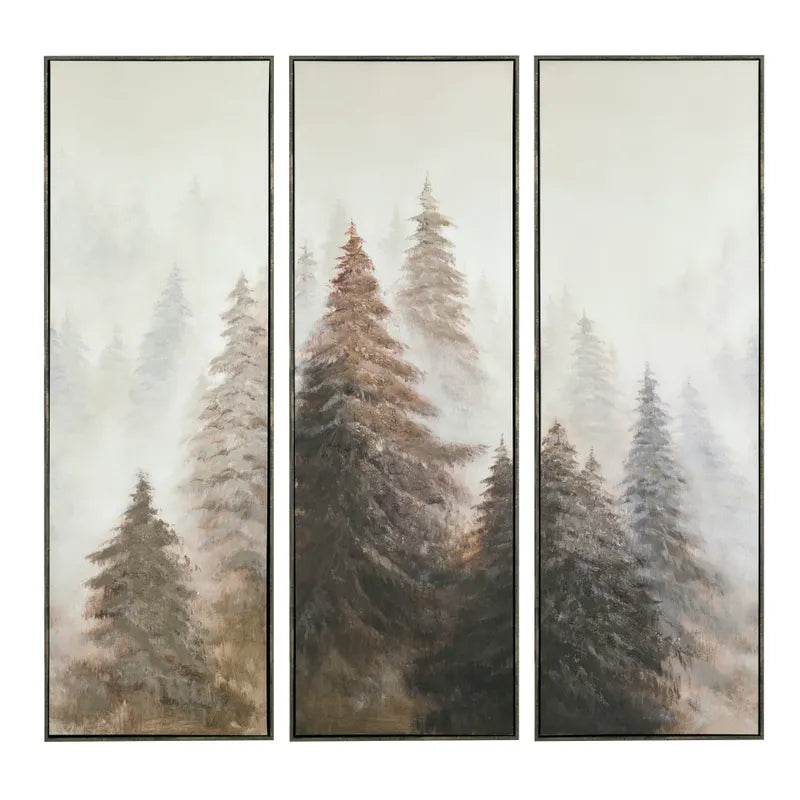 Three vertical framed panels forming a triptych painting of a misty winter forest with tall evergreen trees in soft gray, brown, and green tones.