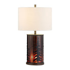 Whispering pines table lamp with amber mica, turned on with drum linen lamp shade