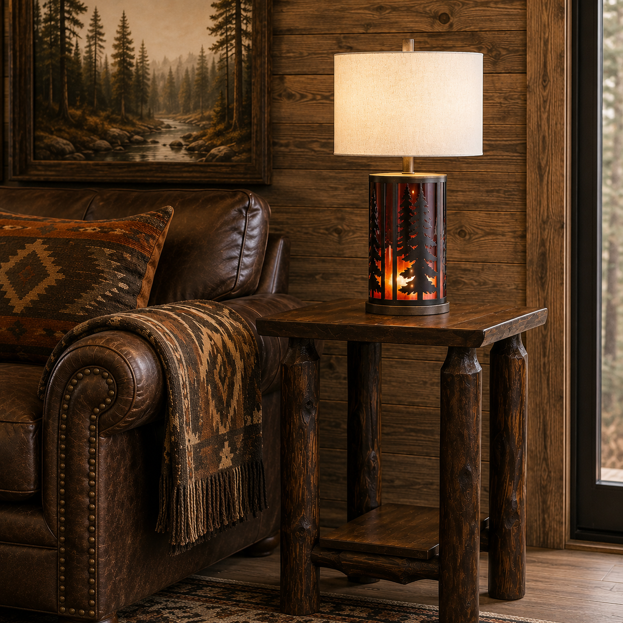 Laser cut pine trees over amber mica, tale lamp with linen shade 
