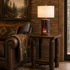 Laser cut pine trees over amber mica, tale lamp with linen shade 