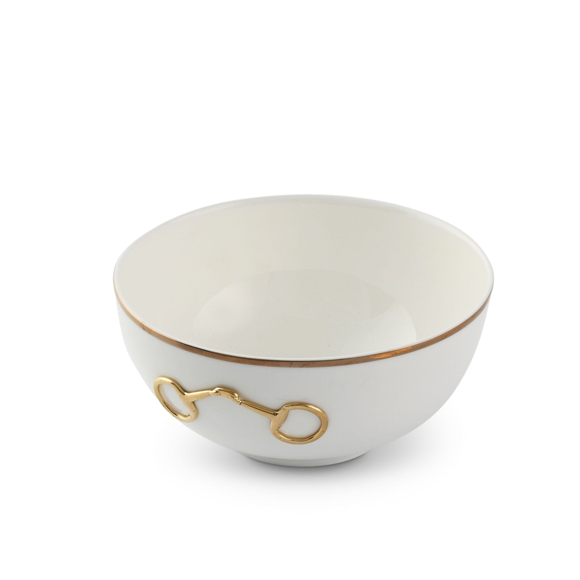 White bone china cereal bowl with pewter snaffle bit in gold with gold rim - Your Western Decor