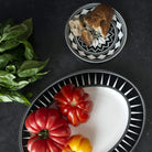 Black and white pattern canape plates and serving platter. Made in the USA. Your Western Decor