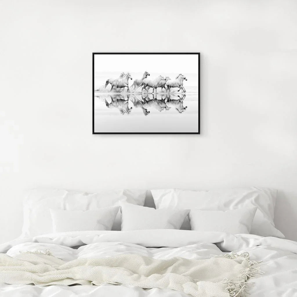Framed canvas white horse art hanging over bed - Your Western Decor