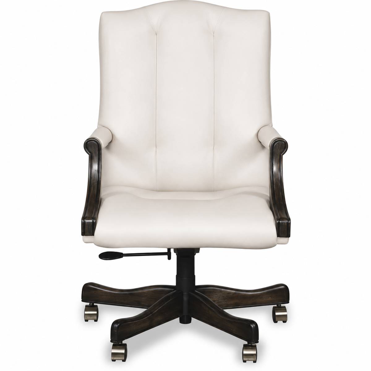 A high-back office chair with white colored leather upholstery and a dark brown wooden five-star base with casters.