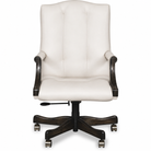 A high-back office chair with white colored leather upholstery and a dark brown wooden five-star base with casters.