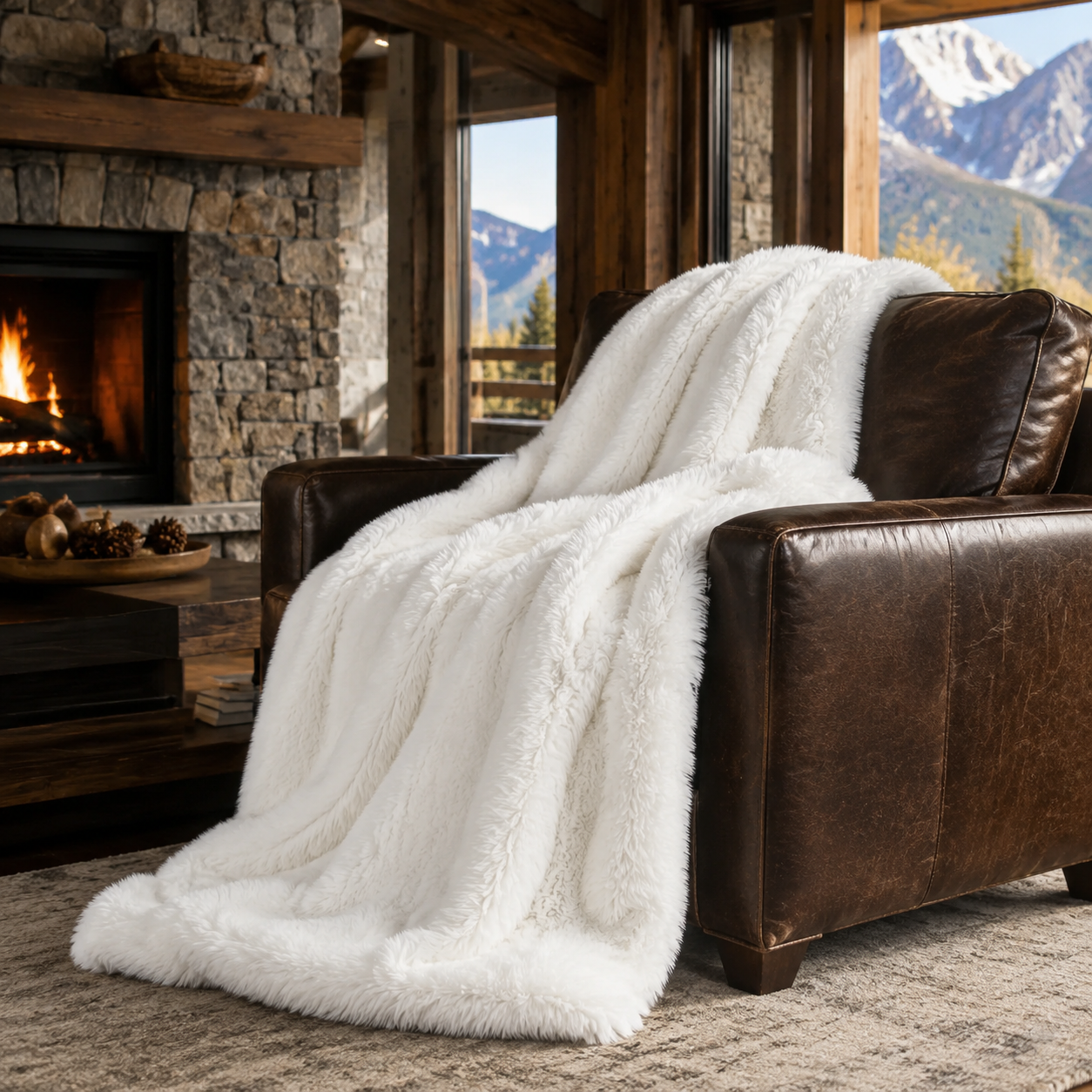 A fluffy white faux fur throw blanket is draped over a brown leather armchair in a rustic cabin living room with a stone fireplace and mountain windows.