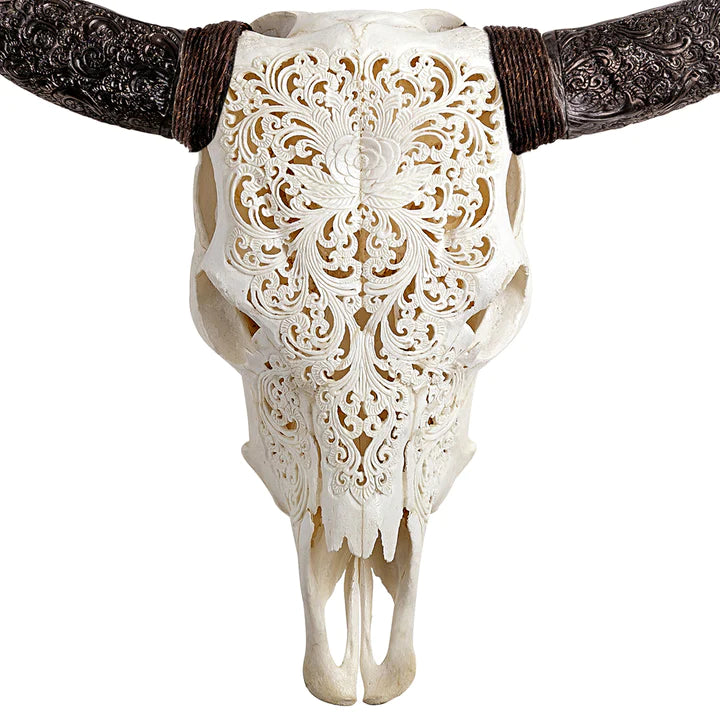 Serendipity Rose Carved Steer Skull with carved horns - Your Western Decor