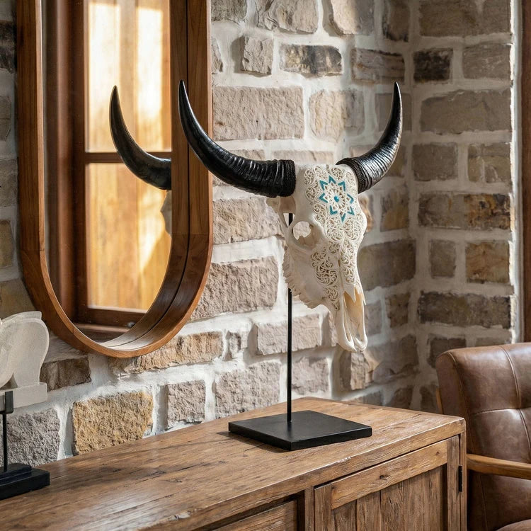 A decorative animal skull with long curved black horns and a white face, mounted on a black stand on a wooden console table in a rustic room with a stone wall and a large oval mirror.