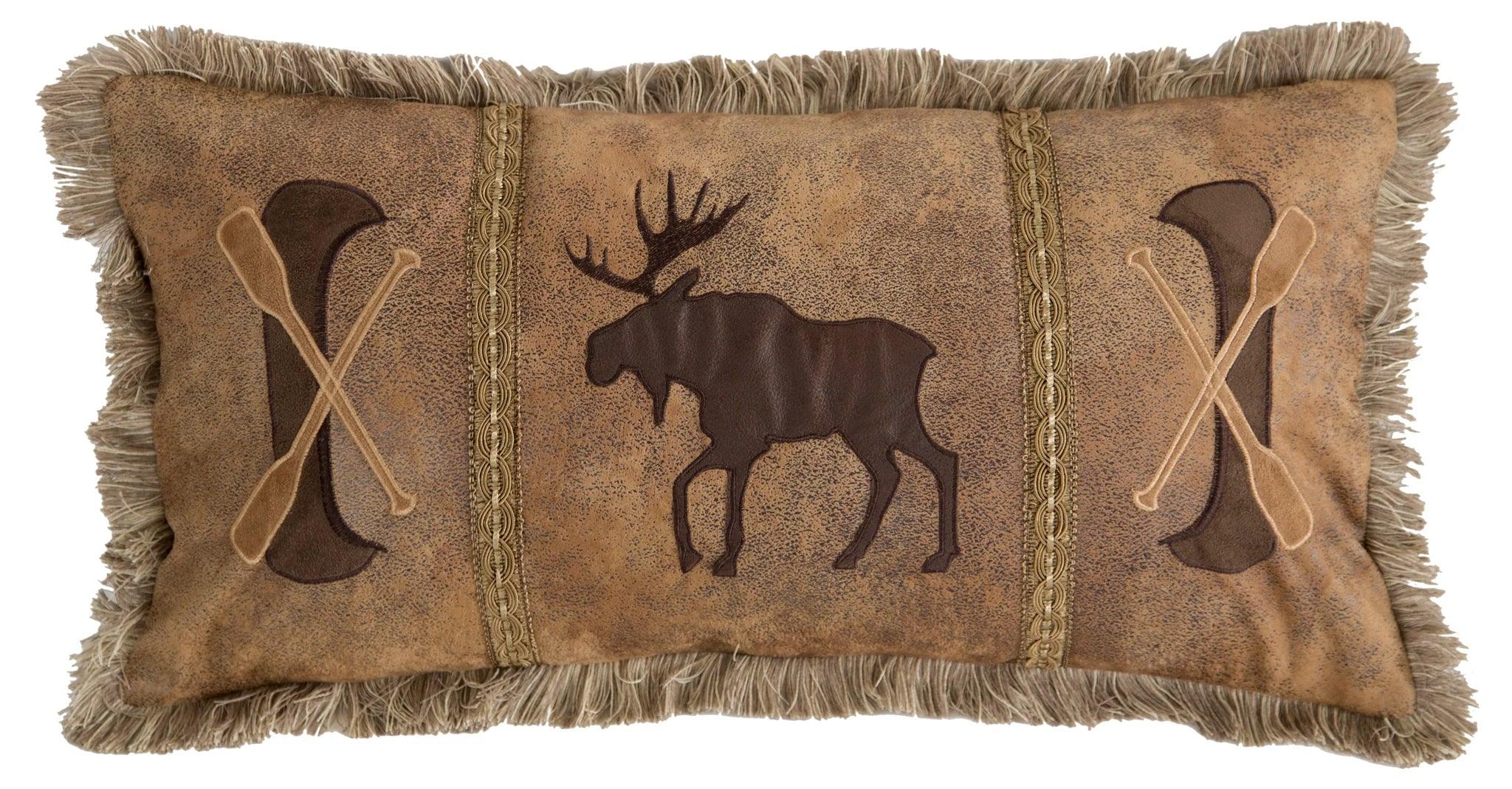 Wilbur Mountain light brown faux leather pillow with moose and canoes - Your Western Decor