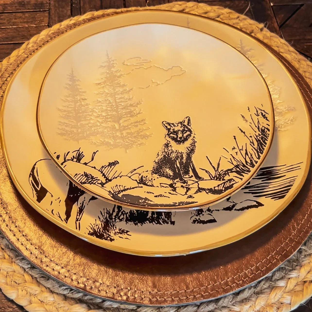 Tan salad plate featuring fox in mountains art - Your Westen Decor